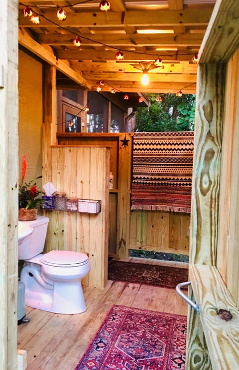 Brand spanking new bath-house Nov 2018 with flush toilet, sink & HOT shower