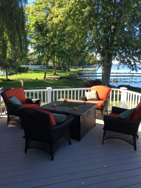 Views of the lake from the fire pit table on the new deck.