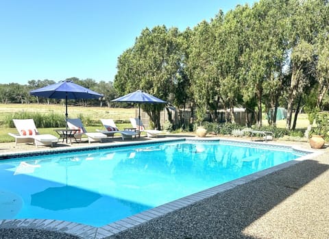 Pool and covered patio with gas grill, ceiling fans, large dining table.