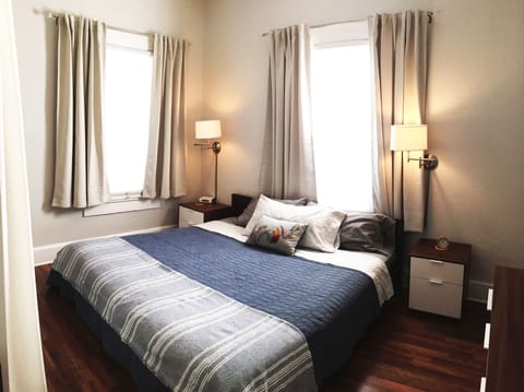 King Size Bed!  Bedroom with light filtering shades and black out curtains.