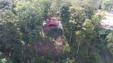 A drone's eye-view of the Hawk's Nest atop the bluff.