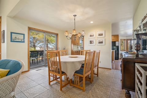 The dining room offers comfortable seating and afternoon sun