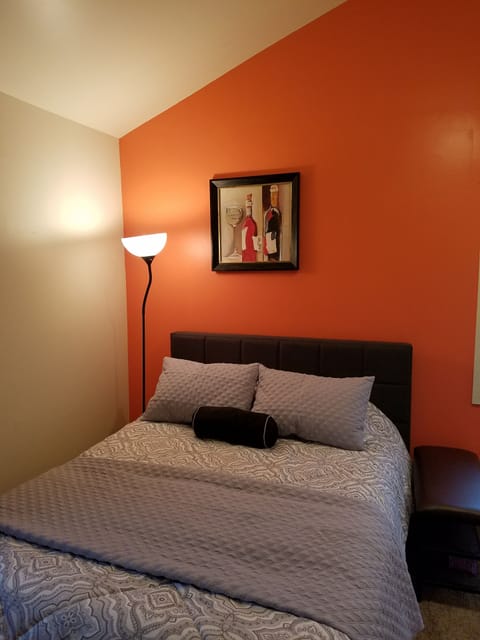 Platform bed with cool gel infused memory foam queen mattress.