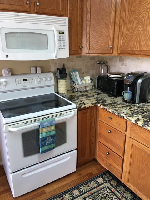 Stovetop, oven, microwave, toaster oven, and Keurig coffee maker