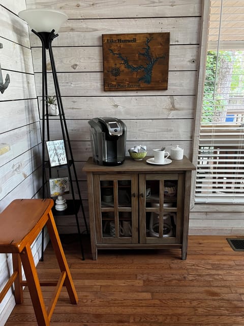 Coffee bar with Keurig, drip machine, French press, and unique mugs