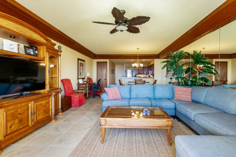 Oceanfront great room - giant sofa with ample room for family movie night!