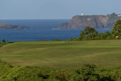 View from lanai across golf course to Kilauea lighthouse
