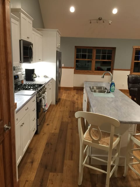 Kitchen has plenty of counter space.  
