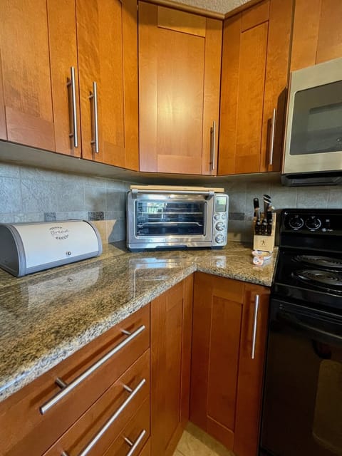 Our sunny and well stocked kitchen. Now including a Breville Air Fryer/Oven.