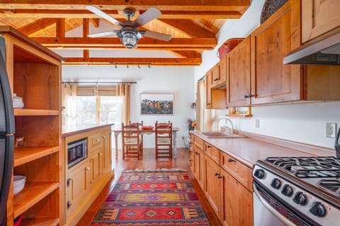 Full kitchen. Oaxacan rug. Electric coffee maker and French press, tea kettle.