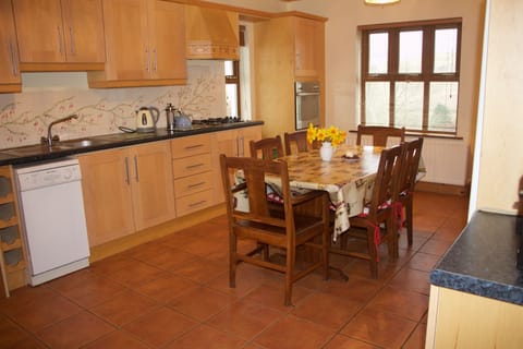 Kitchen with gas hob, electric oven, dishwasher, kettle and coffee plunger.