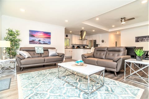 Open Space - Living Room with TV, electric fireplace & side Porch access