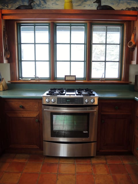 New JennAir gas stove and oven. View of pond, field & barn while cooking