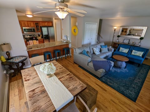 View of the cozy & inviting living room from the dining area