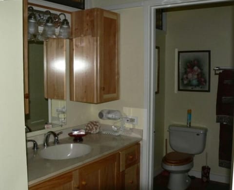 Looking into Bathroom with separate vanity space with Washer/Dryer