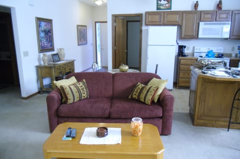 Living Room w/front entrance in background--partial kitchen/bar