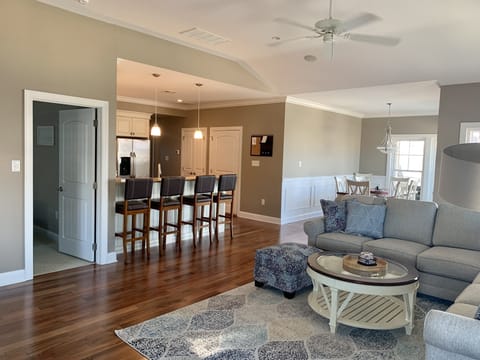 Family room/kitchen/dining area. Large open floor plan.