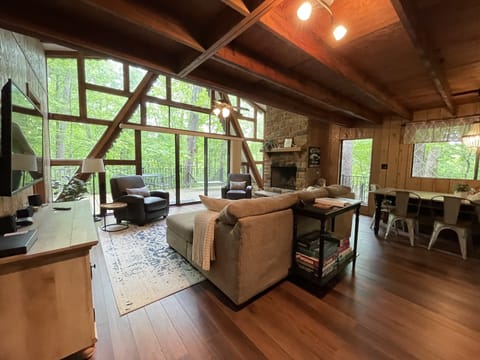 Comfortable family room with Fire TV, DVD, home theater system.