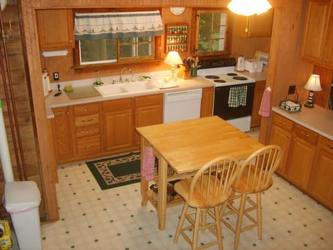 Kitchen from elevated stairs.
