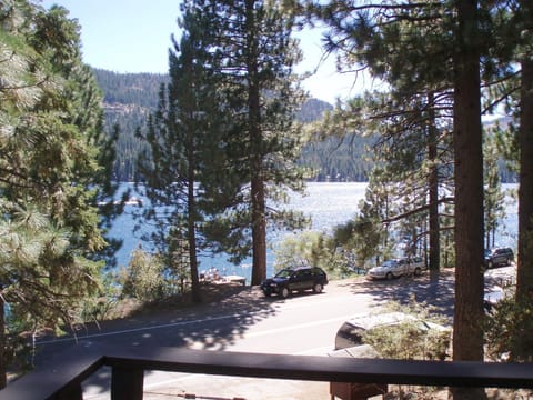 View from Deck - View: looking South-West. In the forground is the closest Public Pier; in the distance you can watch the trains along Schallenberger Ridge and on up to Lakeview Canyon and the backside of Sugar Bowl Ski Resort