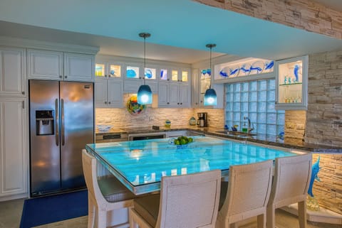 Kitchen has an illuminated island and plenty of appliances.