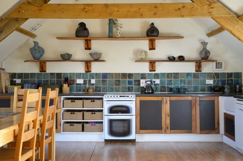 Spacious and fully equipped kitchen, with views of the garden and pond