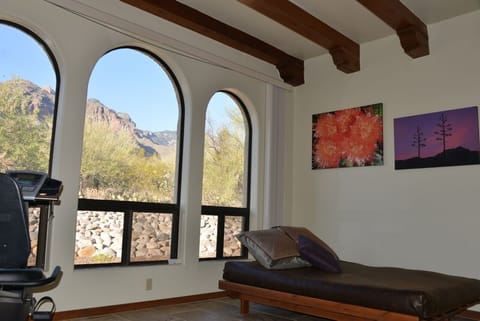 The queen sized futon down as bed in the 'gallery' room.