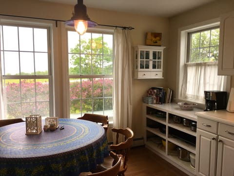 Sweet view from kitchen overlooking lilacs, meadows, the ocean and mountains.