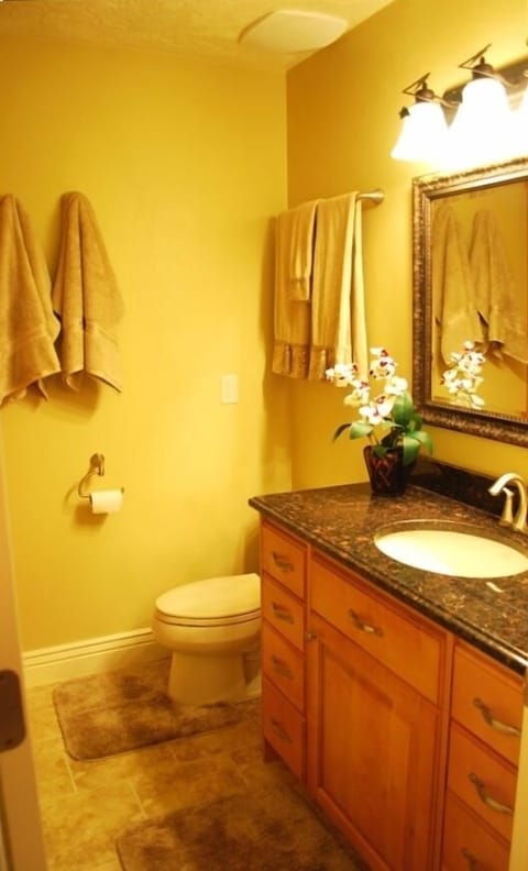 Bathroom with Granite Counter Tops and Frameless Glass Walkin Shower
