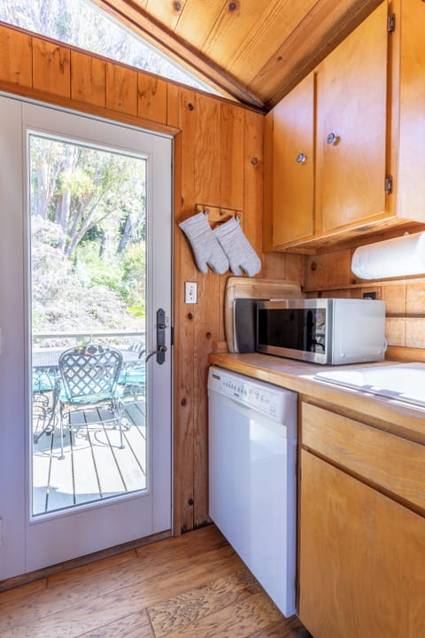 Microwave & dishwasher. Door leads to outdoor dining deck.
