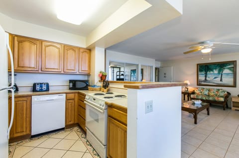 Open living area with kitchen includes stove, dw, frig, and small appliances.