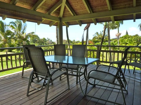 Lanai with BBQ grill - we never tire of the view to the permanent green space 