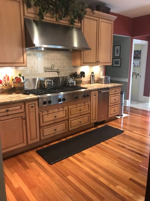 Stainless steel kitchen with trash compactor, french door frig & 2 ovens.