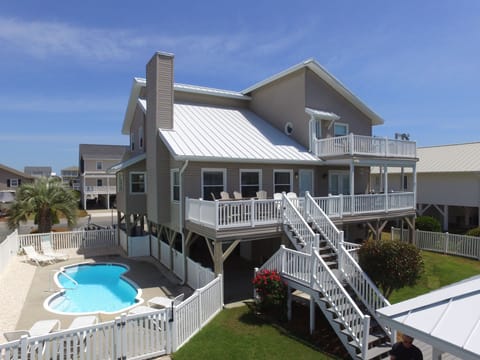 Pool with decks and backyard