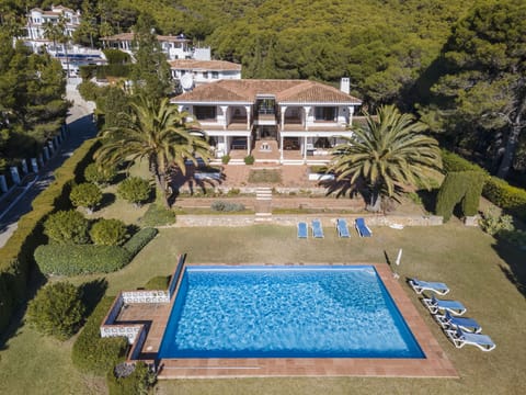 Drone view of villa and pool