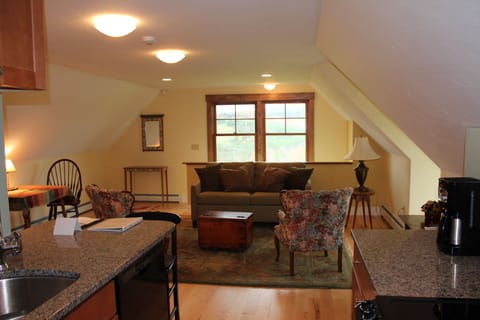 Main room from kitchen with comfy queen sofa bed  