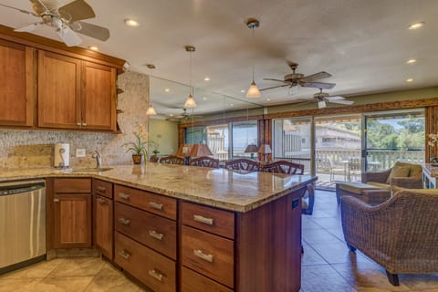 The inviting kitchen/living room area.