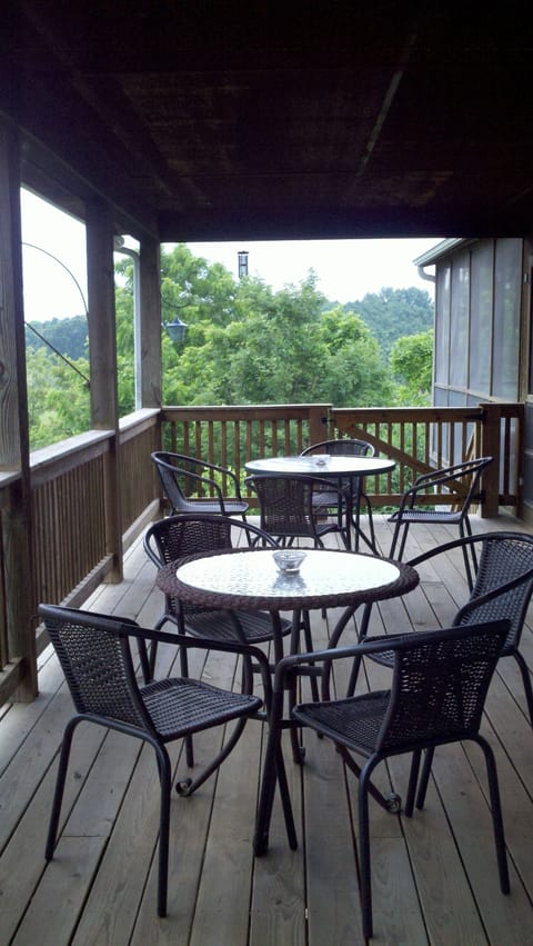 Covered porch looking back at the screened porch and the Blue Ridge