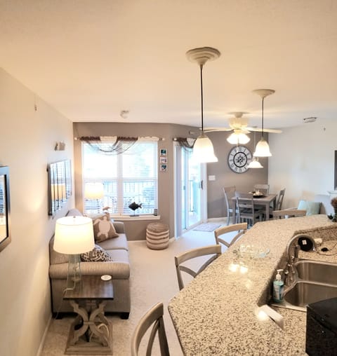 Lake views from the kitchen, living room & dining area
