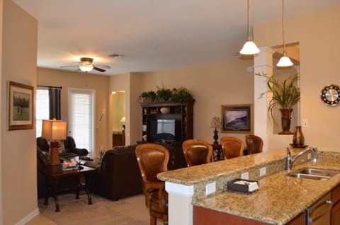 View from kitchen towards living room and master room 