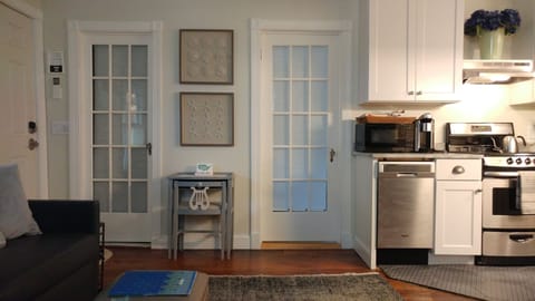 View from living room 
Bathroom door left, Bedroom door to right