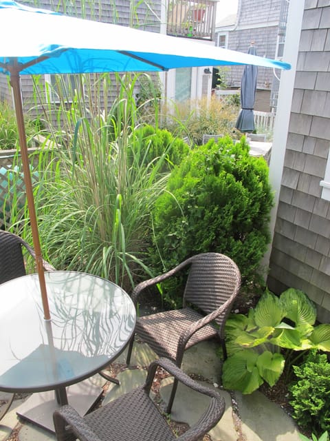 Patio and seating for 4 view from kitchen.