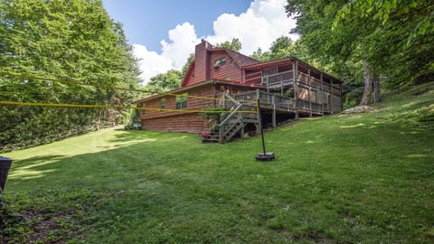 Large back yard with volley ball net