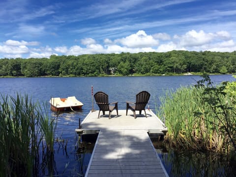 View of lake from private dock. Rental includes pedal boat, canoe, kayaks.