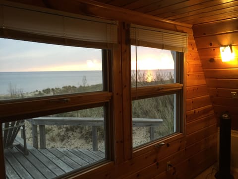 Knotty pine living room with the best view of Lake Michigan. 