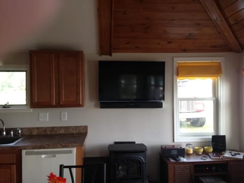 Cozy living space with flat screen TV and gas-powered stove.