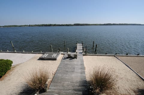 Looking at the dock and waterfront from the upper deck