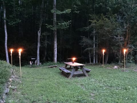 Picnic area with charcoal grill next to stream.