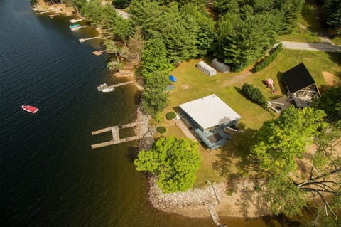 Overhead view -- large deck in front overlooking bay and beach area