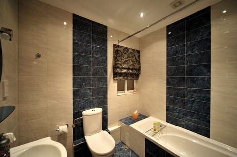 Main bathroom with bath/shower, wash hand basin and toilet